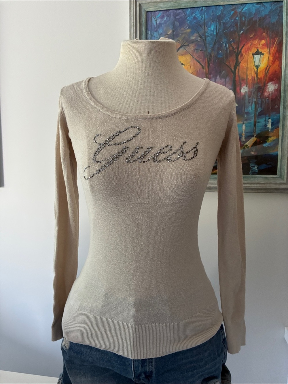 Y2K Guess Rhinestone Beige long sleeve small